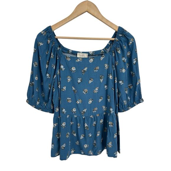 Loft Blue Thistle Print Peplum Style Short Sleeve Top Medium - Picture 1 of 5
